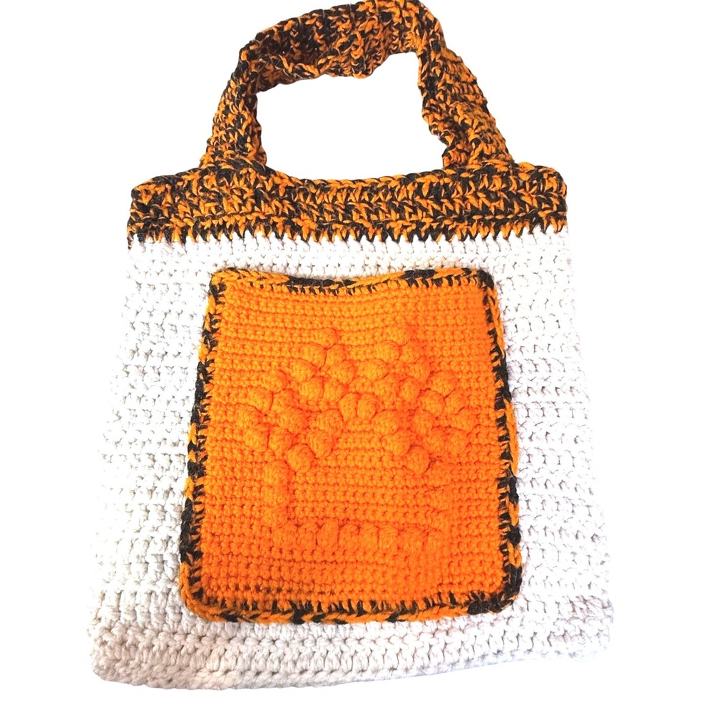 Handmade‎ Crochet Tote Bag Orange Black Fall Pumpkin Button Closure